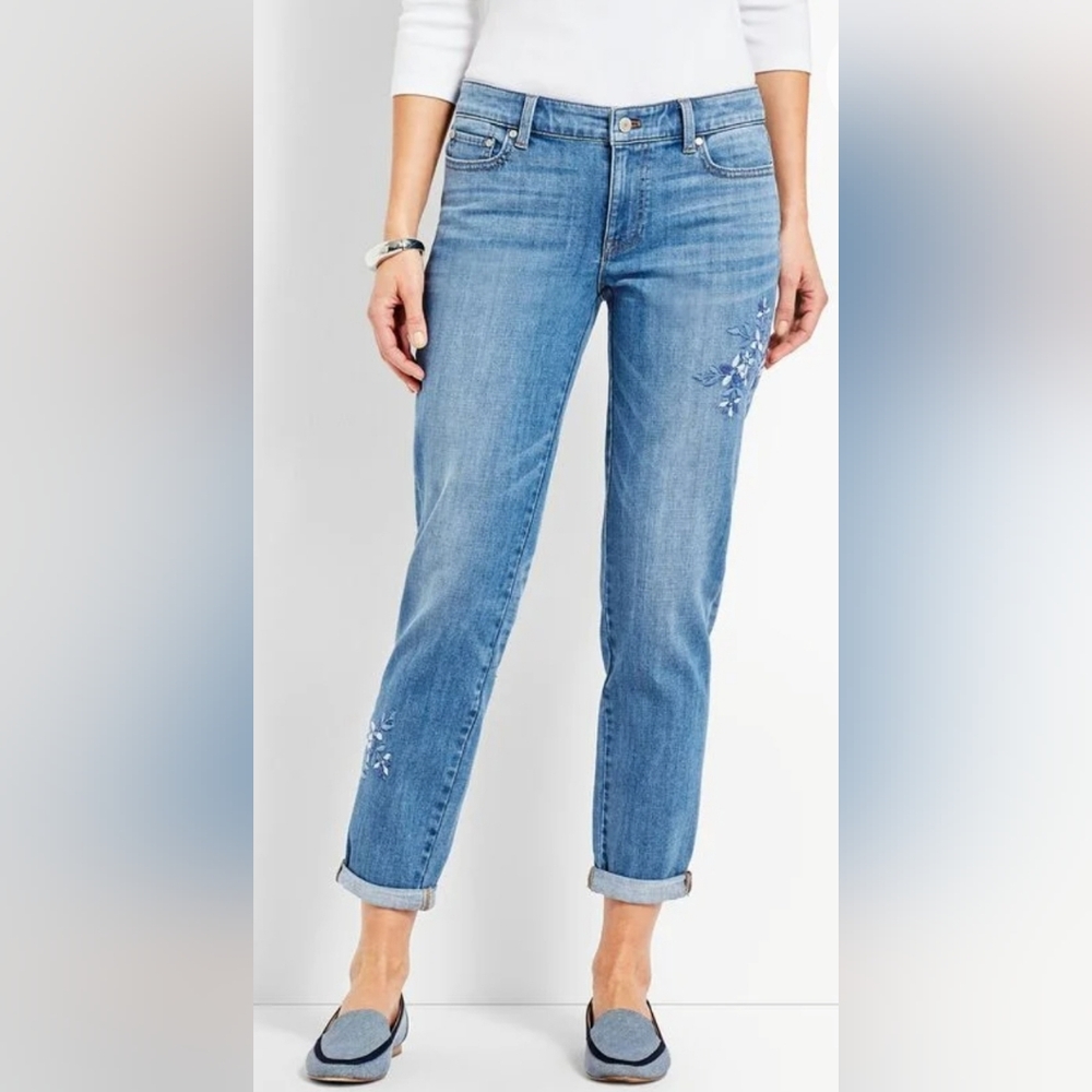 Talbots Floral-Embroidered Denim Girlfriend Jeans Sz 4P